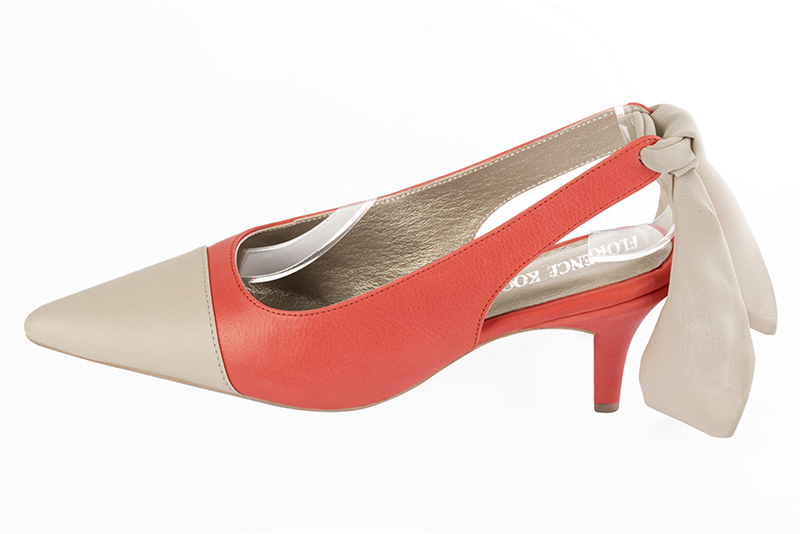 Champagne white and coral orange women's slingback shoes. Pointed toe. Medium slim heel. Profile view - Florence KOOIJMAN
